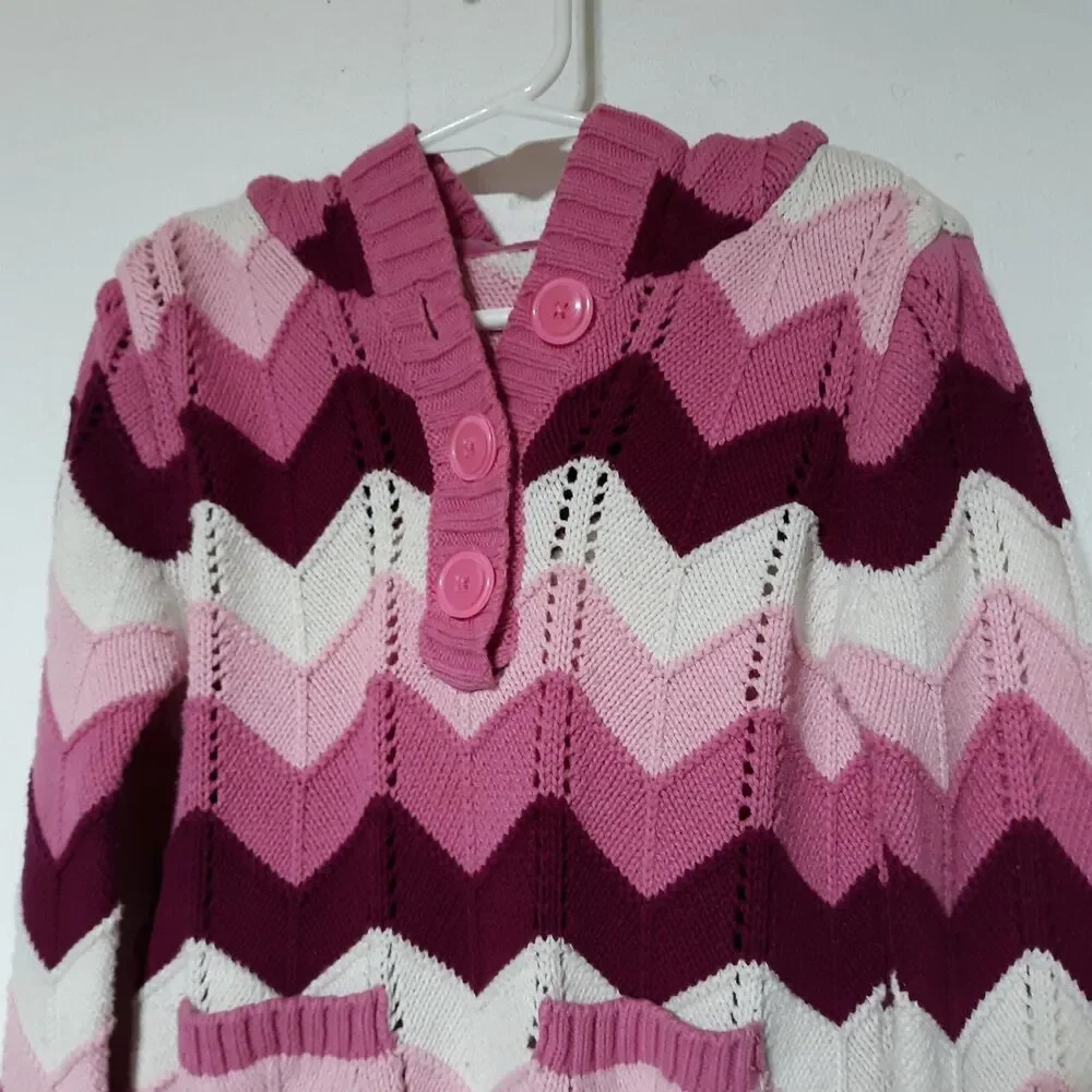 Childrens Place Striped Pink Sweater Girls 7-8 Medium Pullover Pocket Buttons
